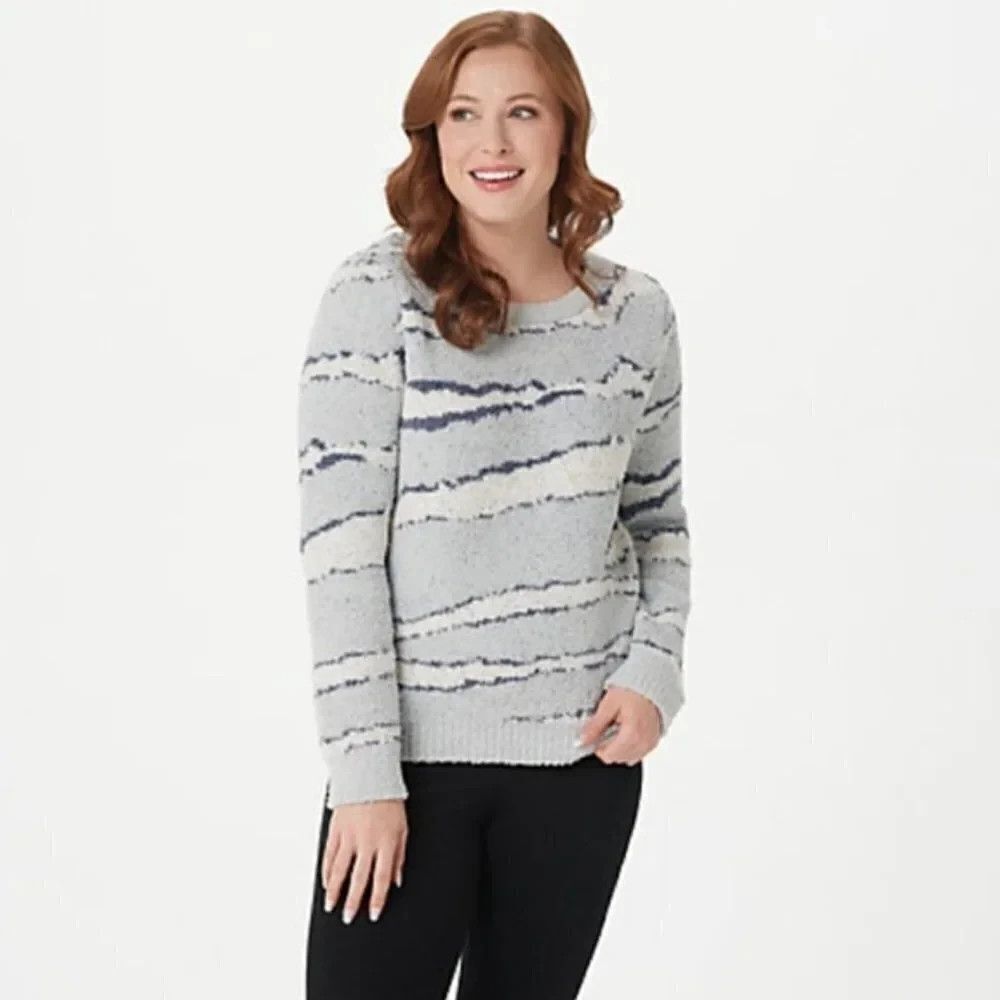 NWT 1X barefoot dreams seaside ocean zebra pullover sweater, crewneck plus blue